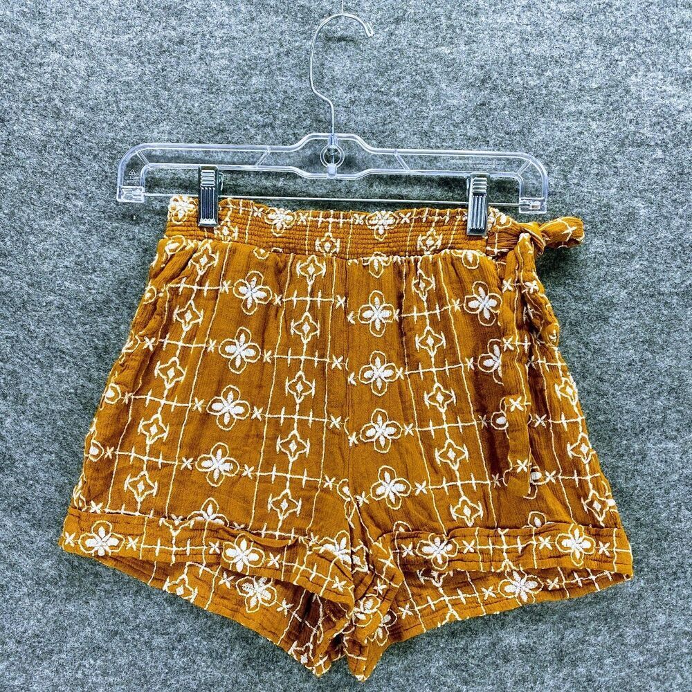 Topshop Shorts Women 2 Orange Mustard Elastic Waist Bow High Rise Geometric